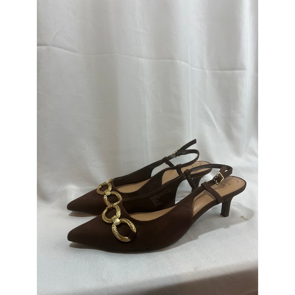 A New Day Brown Faux Suede Pointed Toe Slingback Kitten Heels Gold Chain Size 10